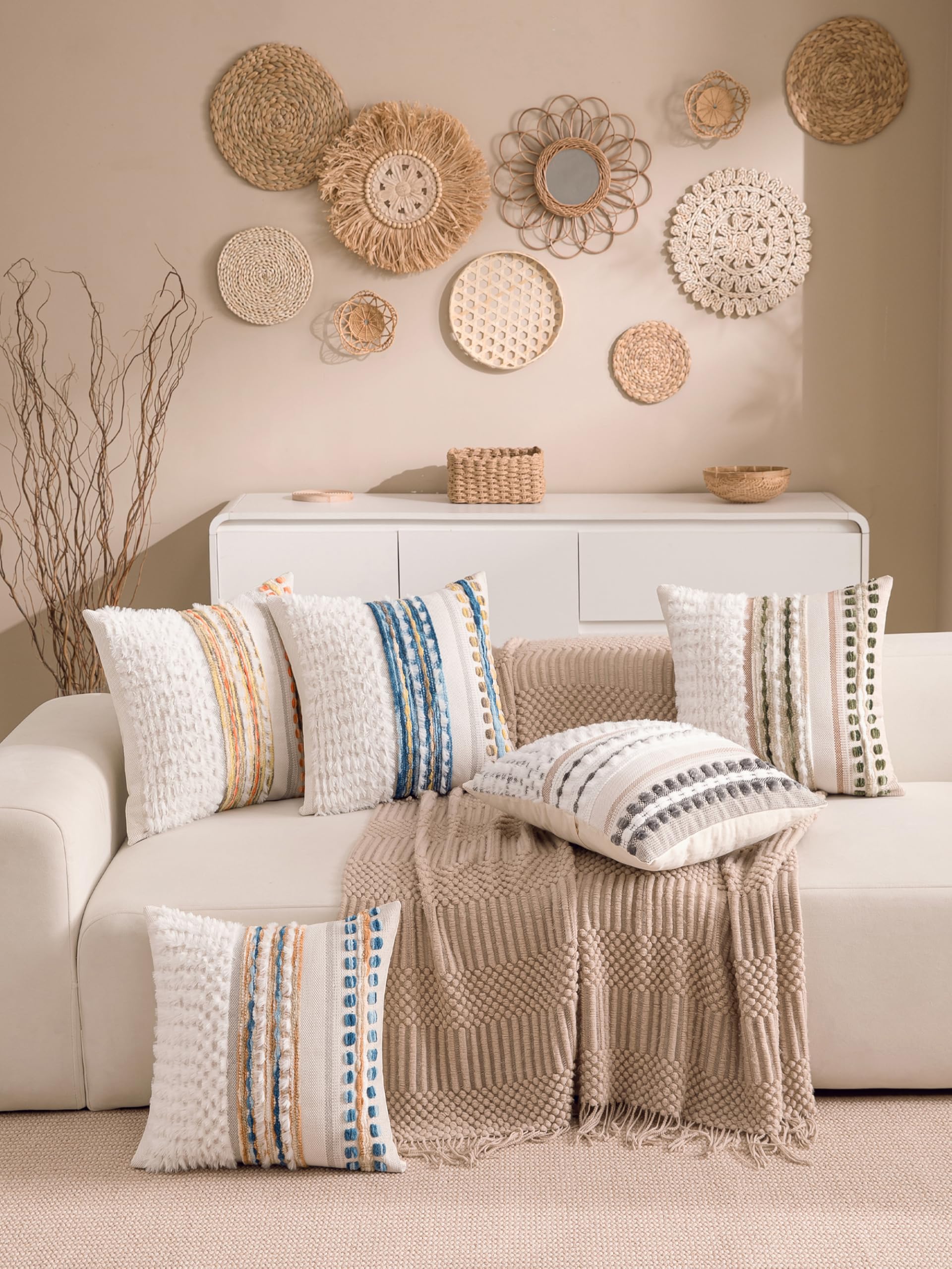 KOOLIFE Boho Chenille Tufted Couch Throw Pillow Covers 18x18 Inch Set of 2 Farmhouse Striped Decorative Pillow Covers Accent Neutral Square Pillowcase Green Cushion Covers for Livingroom Sofa Bed