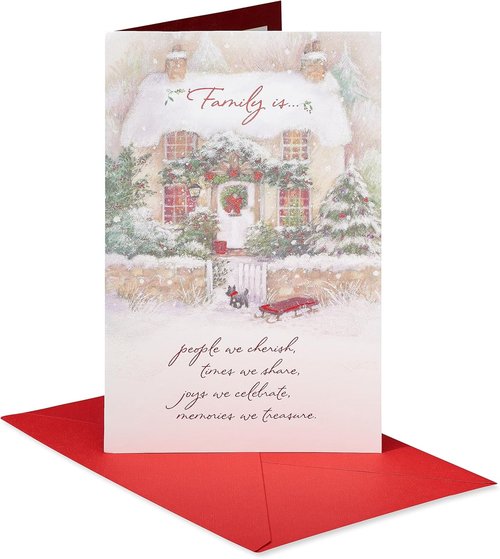American Greetings Christmas Card - Shimmering Winter Cabin Scene for Family & Friends | All the Joys