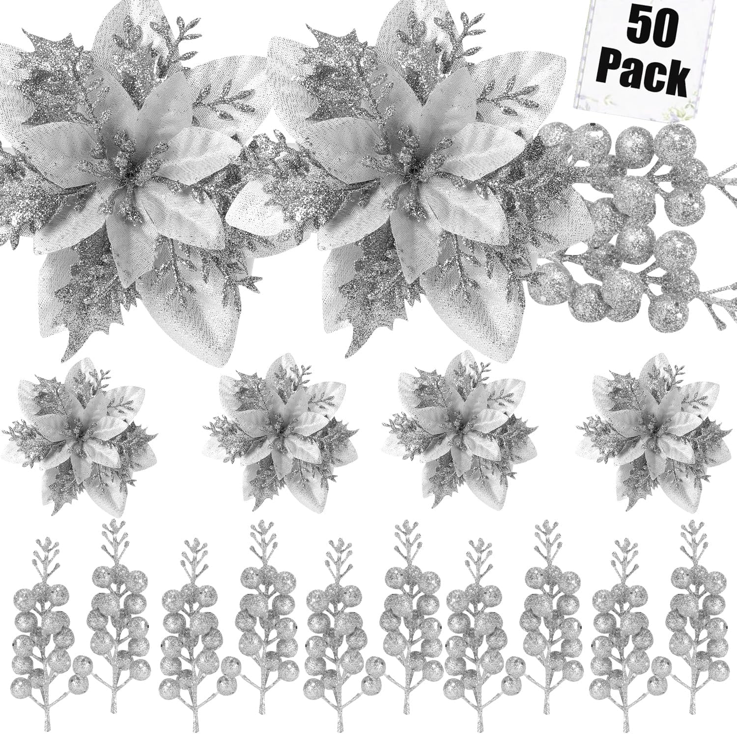 Trytuny Glitter Poinsettia Christmas Ornaments - 50pcs Artificial Flowers with Clips for DIY Wreaths | Silver