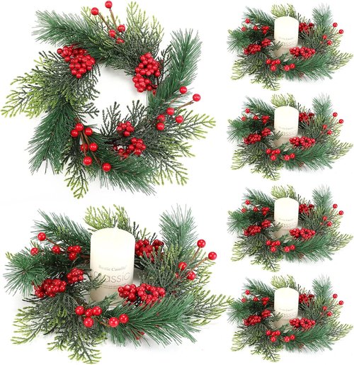 Knitgrip Mini Christmas Candle Rings - Red Berry Pinecone Wreaths for Holiday Table Centerpieces