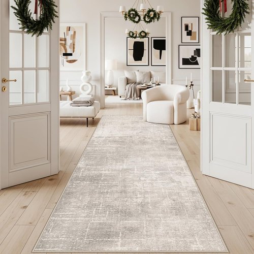 Hallway 4x10 Washable Runner Rug - Stain Resistant Abstract Design | Soft Non-Slip Carpet for Kitchen, Entryway, and Living Room (Beige/Cream)