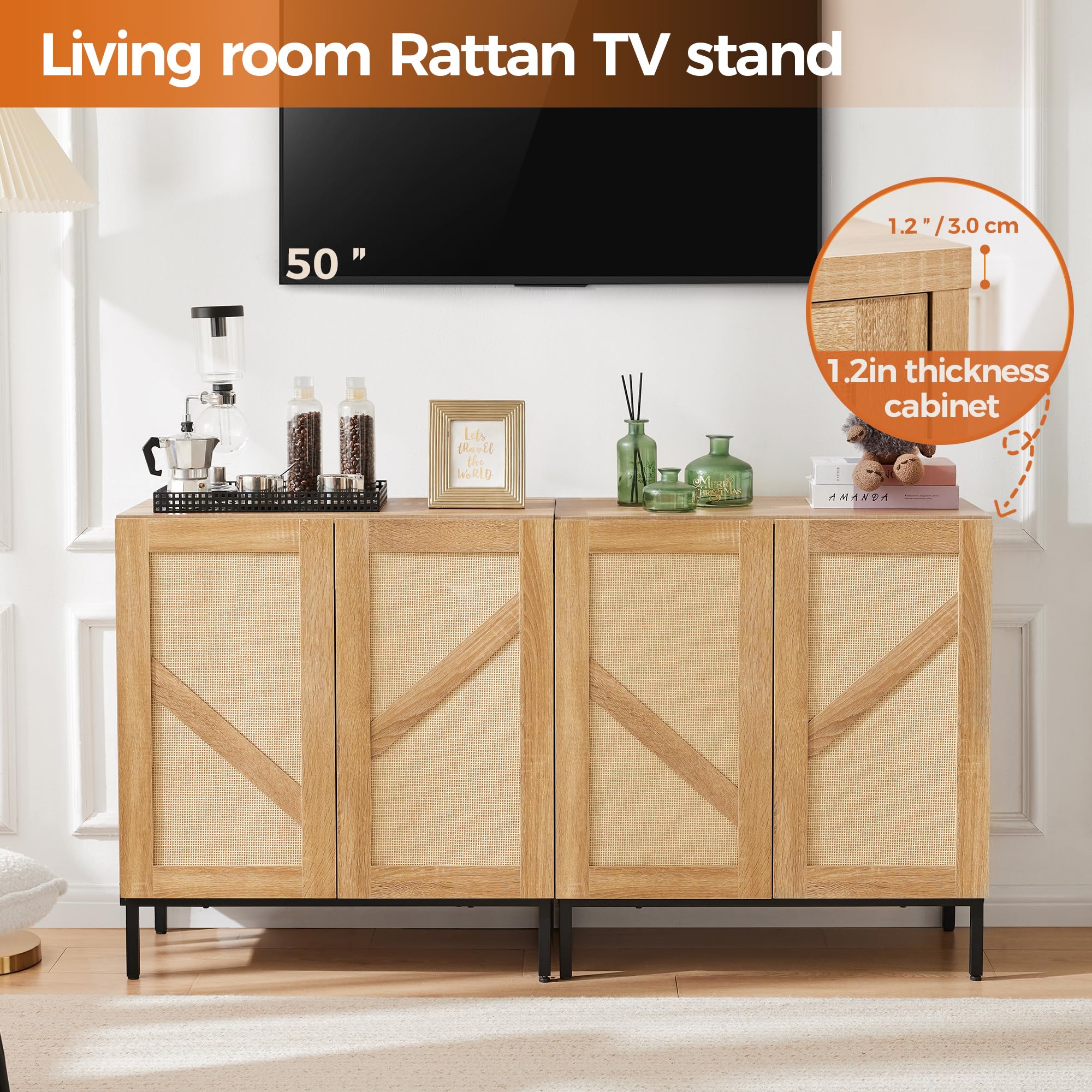 Mericonia Buffet Cabinet with Storage, Sideboards 2 Doors with Metal Base and Adjustable Shelf for Kitchen, Coffee Bar, Entryway, Hallway,Living Room (Rattan Buffet Cabinet, Natural)