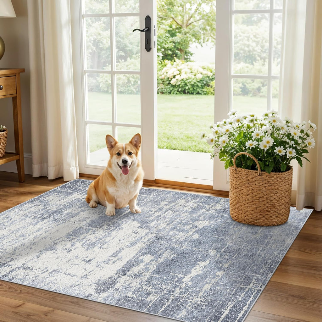 Skiennix Washable Kitchen Area Rug - Abstract Stain-Resistant, Non-Slip, Soft Indoor Mat (3x4, Blue/Ivory)