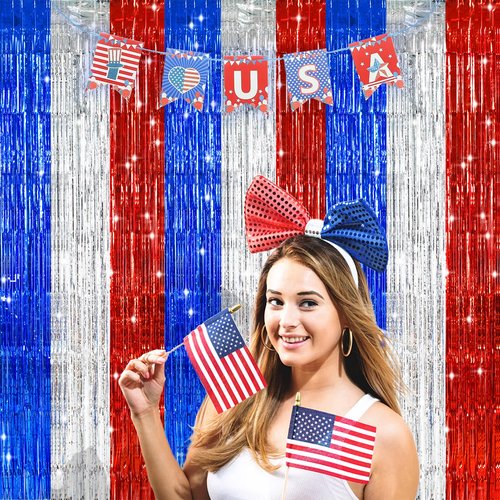 TONIFUL Red White and Blue Tinsel Foil Fringe Curtains,4th of July Decorations Independence Day Photo Booth Backdrop,Metallic Door Streamers for Patriotic Party Memorial Day Labor Day Supplies