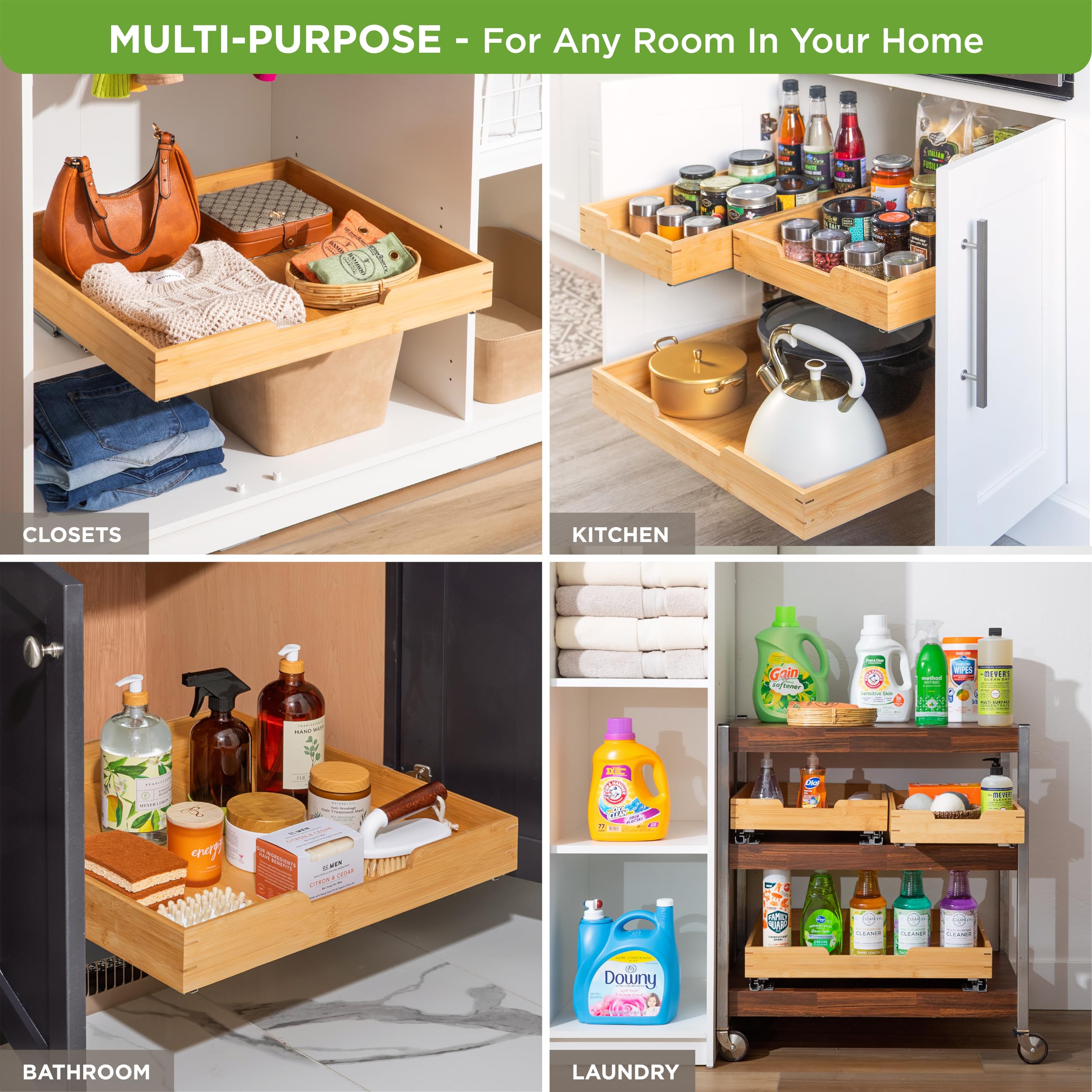 HOLDN’ STORAGE Bamboo Wooden Pull out Cabinet Organizer 26"W x 21"D Requires At Least a 27.25"W x 21"D Cabinet Opening W/Lifetime Limited Warranty, Bamboo Tray and Heavy Gauge Metal Rails