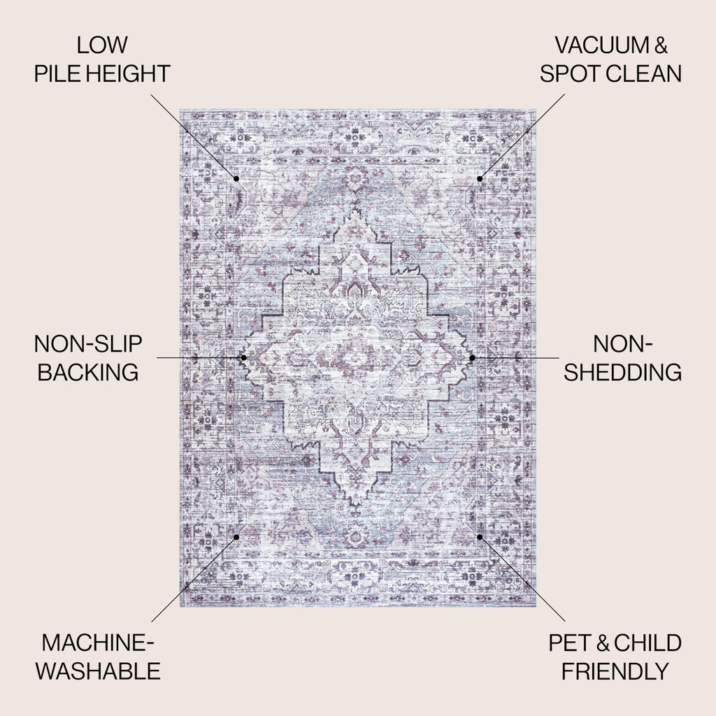 JONATHAN Y Machine Washable Gray/Purple Indoor Area Rug 3X5 ft, Didim Boho Medallion for Living Room, Bedroom, Kitchen, Office, Easy-Cleaning, High Traffic, Pet-Friendly, Non-Shedding (WSH102A-3)