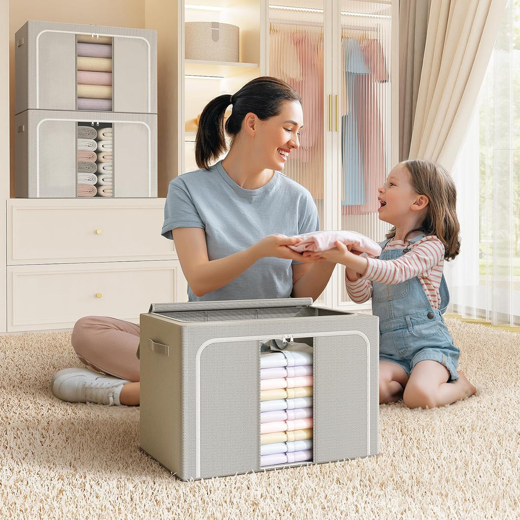 Skiennix Clothes Storage Bins - Foldable Organizers with Metal Frame | 66L, 3-Pack for Clothes & Toys