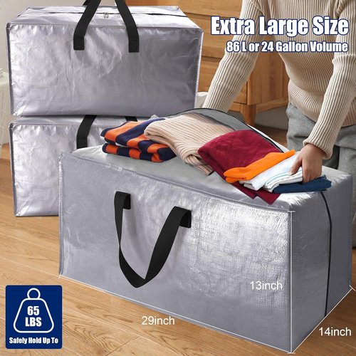 Cosy Family Heavy Duty Extra Large Moving Bags - Strong Handles, Zippers & Backpack Straps | Space-Saving Storage Totes (X-Large, Set of 4, Silver)