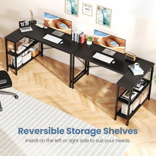 DUMOS L-Shaped Desk - 47-Inch Computer Desk with Reversible Storage Shelves | Modern Black Home Office Furniture