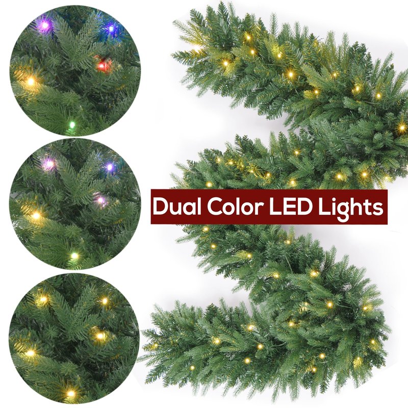 9FT Pre-Lit Artificial Christmas Garland with Dual Color LED Lights and Timer by Remote Control and Batteries Operated, Holiday Decorations, for Indoor Door Home Stairs Fireplaces Wall