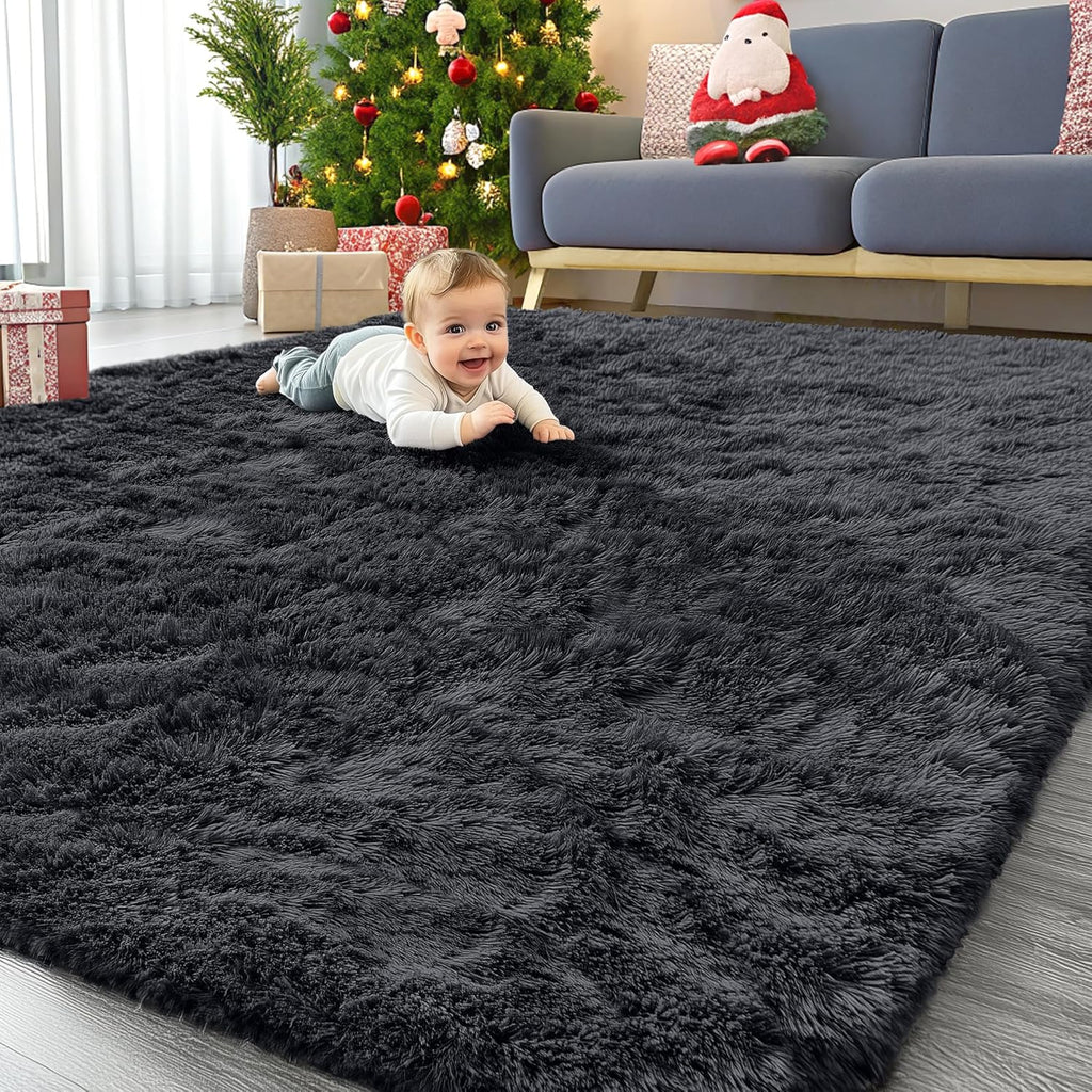 OLANLY Large Area Rug - Soft Fluffy Shaggy Carpet for Living Room & Bedroom | Machine Washable, Black 8x10