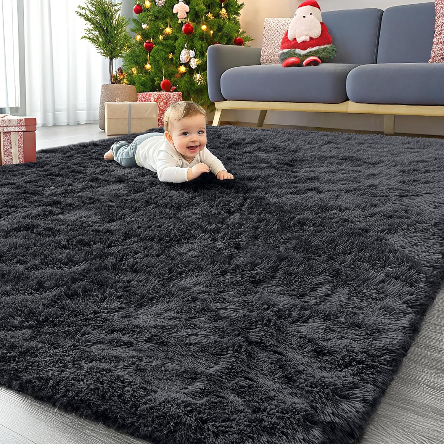 OLANLY Large Area Rug - Soft Fluffy Shaggy Carpet for Living Room & Bedroom | 6x9 ft, Black