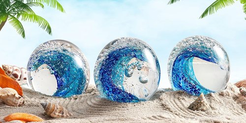 EUSTUMA Hand Blown Glass Figurine - Ocean Waves Paperweight | Unique Home Decor for Ocean Lovers