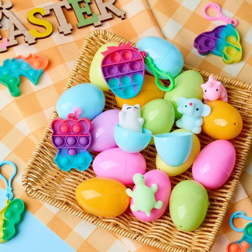 JOYIN 24 Pcs Prefilled Easter Eggs with Assorted Toys, Filled with Mochi and pop Bubble Keychains, Easter Stuffed Toys for Kids to Egg Hunt, Kids Basket Stuffers, Party Favor, Classroom Prize