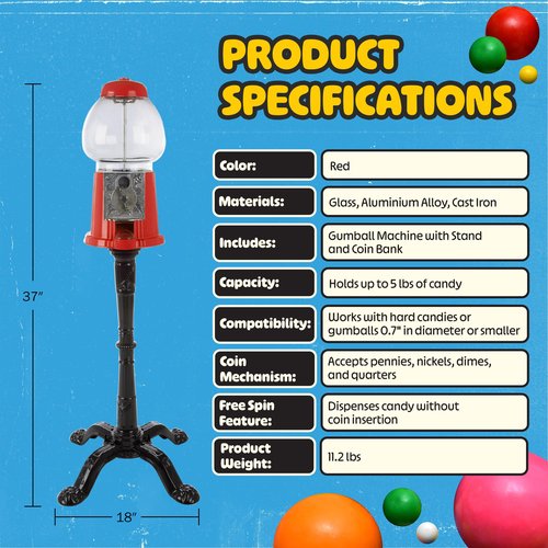 15” Gumball Machine with Stand and Coin Bank - Bubble Gum Machine Candy Dispenser Vending Machine with Glass Globe and Metal Base - Vintage Style Gum Ball Machine by Great Northern Popcorn (Red)