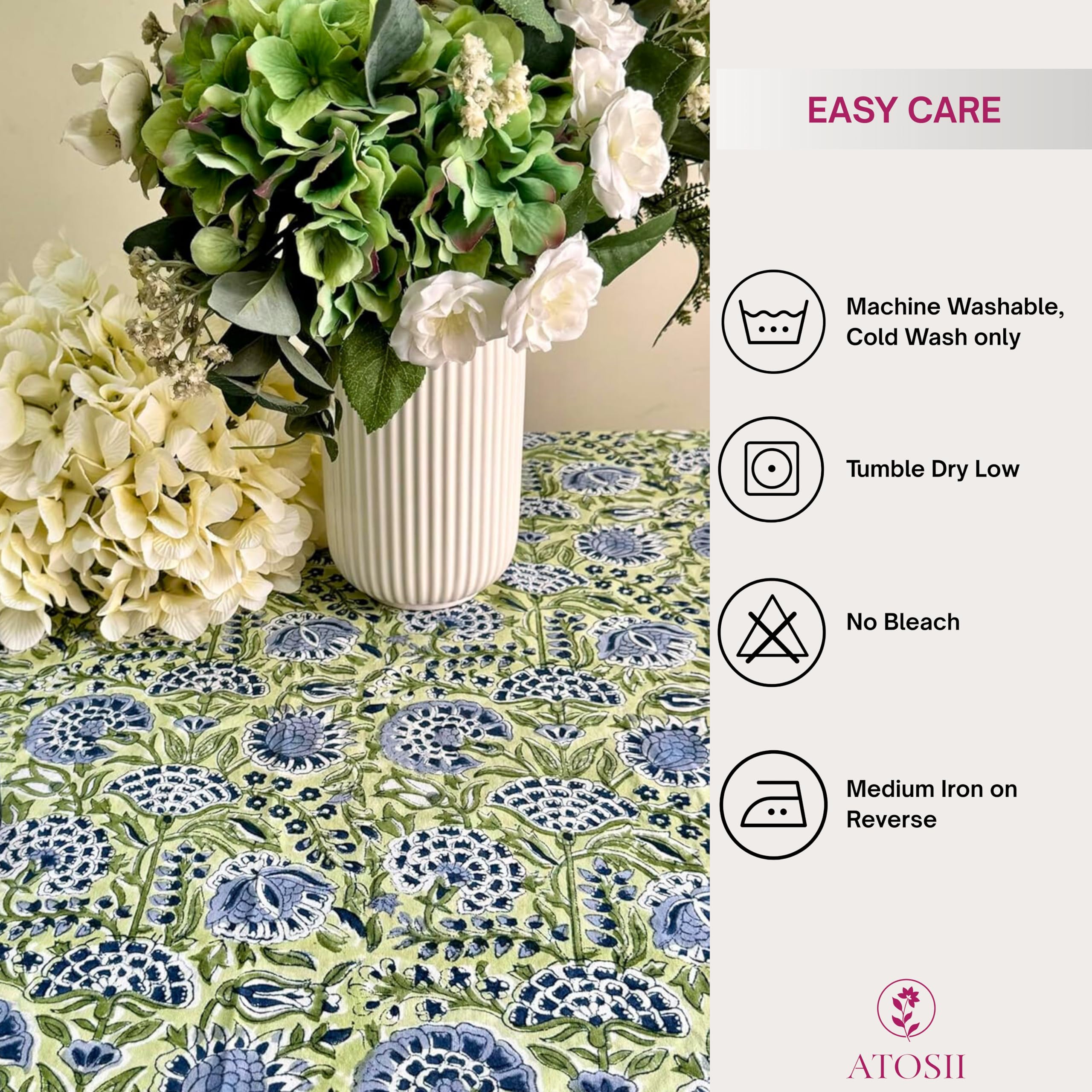 ATOSII Amara 100% Cotton Round Summer Tablecloth, Handblock Print Floral Table Cloth for Kitchen Dining Linen I Parties, Weddings, Outdoors I Grand Millennial Farmhouse Home Decor 72" Inches Round