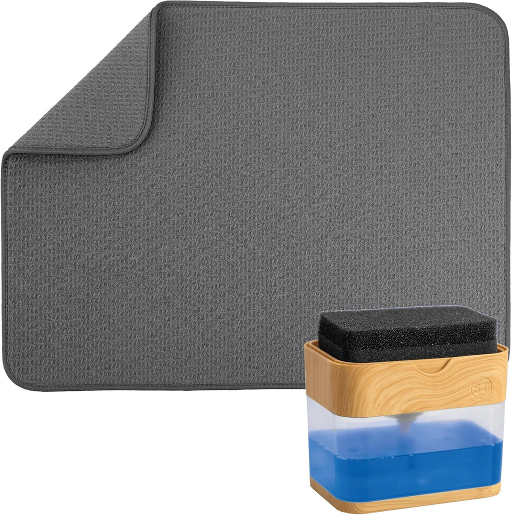 S&T INC. Dish Drying Mat - 18" x 24" Charcoal with Bamboo Dish Soap Dispenser Bundle