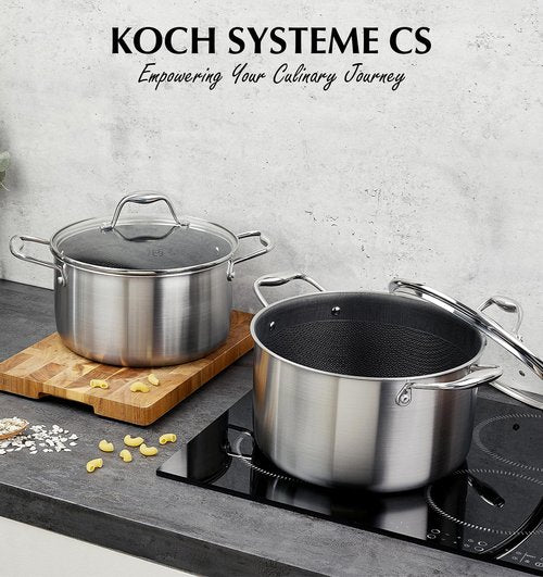 KOCH SYSTEME CS Tri-ply Stainless Steel Stock Pot, 8-Quart Nonstick Hybrid 18/10 Stainless Steel Pot with Lid, Soup Pots with Nonstick Honeycomb Interior, Compatible with All Cooktops, Oven Safe