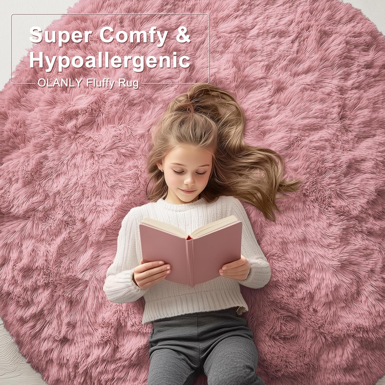 OLANLY Round Area Rug - Soft & Fluffy Pale Pink Shaggy Carpet, 6 ft Circle for Bedroom & Living Room