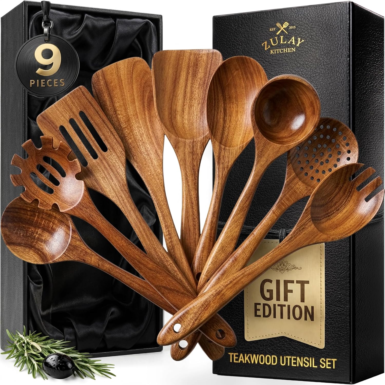 Zulay Kitchen 9-Piece Teak Wooden Utensil Set - Premium Non-Stick Cooking Tools in Gift Box | Comfortable Grip