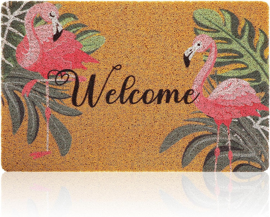 Tinideya Flamingo Welcome Door Mat - Tropical Palm Leaves Design | Non-Slip Rubber, Washable, 17x29 Inch