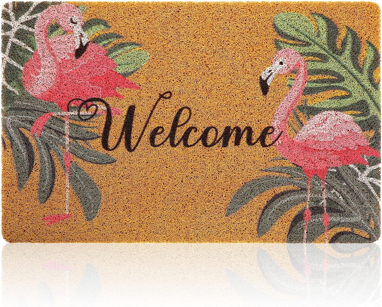 Tinideya Flamingo Welcome Door Mat - Tropical Palm Leaves Design | Non-Slip Rubber, Washable, 17x29 Inch