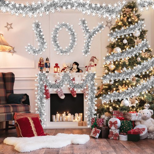 50 FT Christmas Decorations Tinsel Garland, Christmas Snowflake Garland Xmas Shiny Twist Metallic Garlands Decorations for Xmas Tree Home Indoor Outdoor Holiday Xmas Party Decor