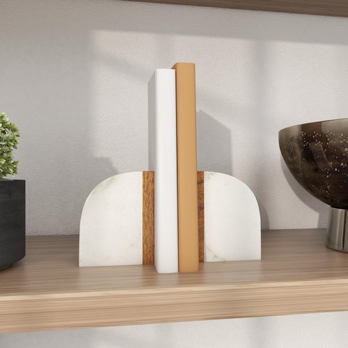 Deco 79 Marble Decorative Bookends 5 lbs Non Skid Bookends with Wood Details, Set of 2 Office Bookends4"W, 5"H, White