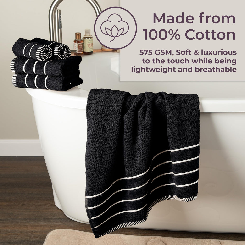 Luxury Cotton Towel Set - Rice Weave 100% Egyptian Cotton 6 Piece Set with 2 Bath Towels, 2 Hand Towels and 2 Washcloths - Black