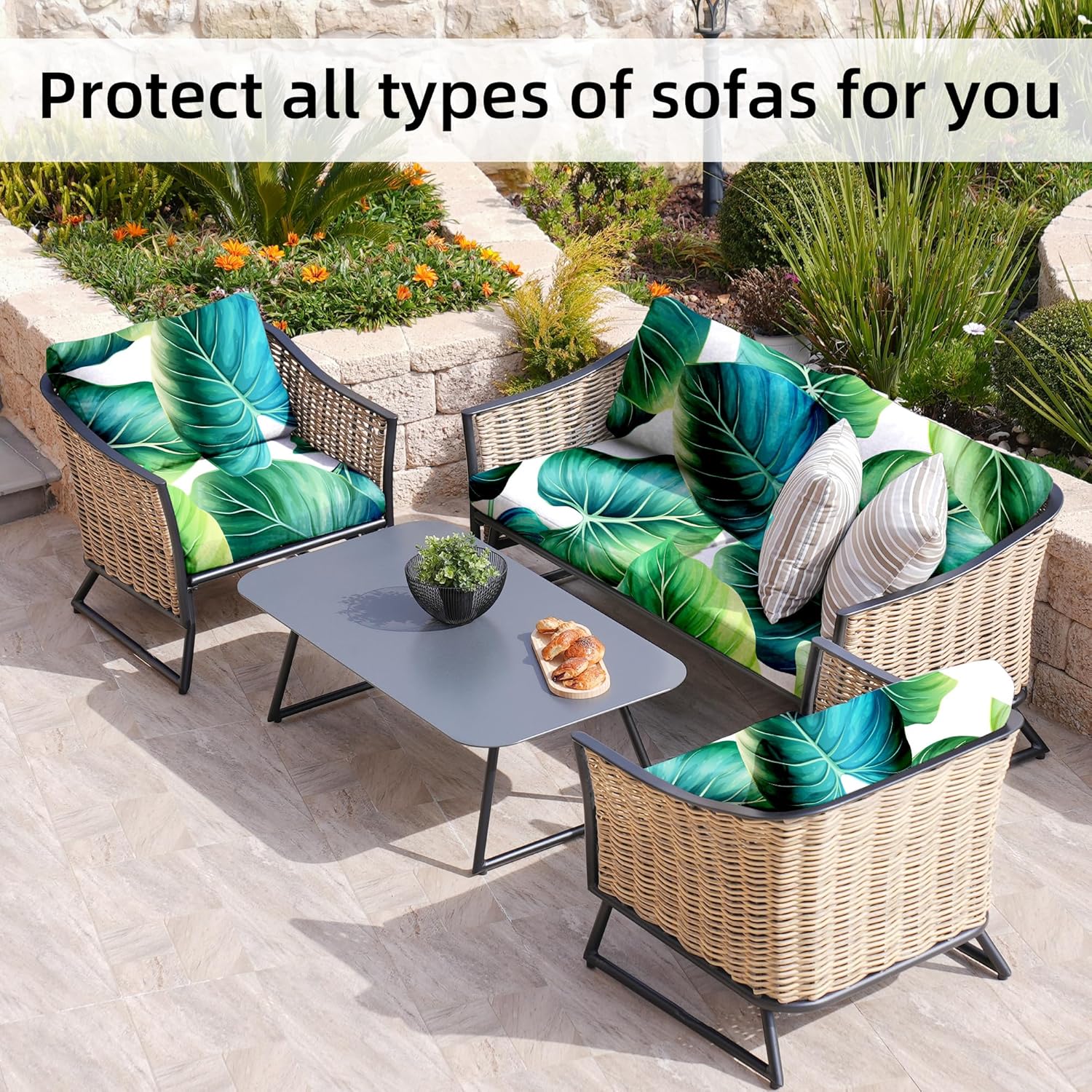 Skiennix 8-Piece Stretch Patio Cushion Covers - Washable Green Leaf Slipcovers for Outdoor Furniture