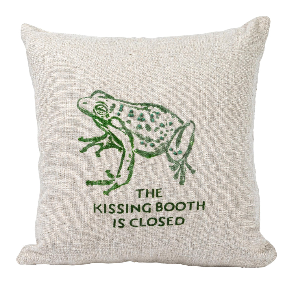 16" Square Linen Blend Printed Pillow with Frog and The Kissing Booth is Closed Text Prints and French Knots, Natural and Green