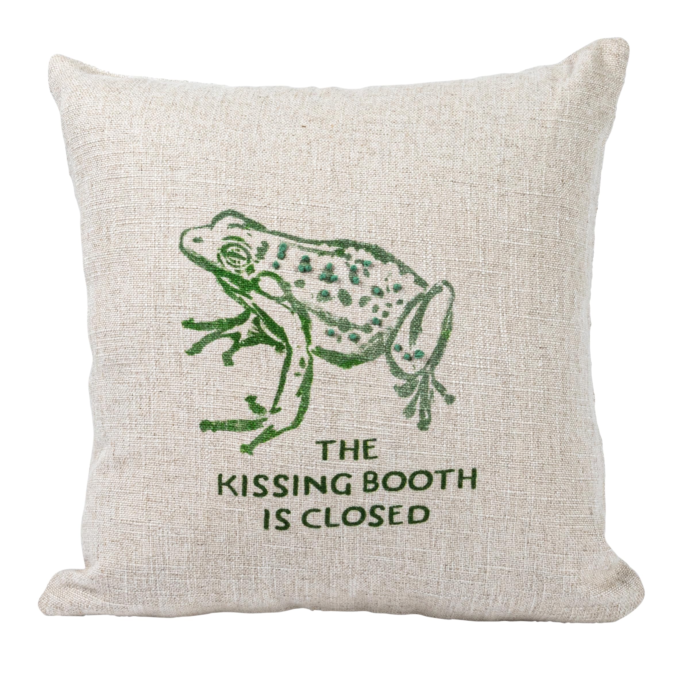 16" Square Linen Blend Printed Pillow with Frog and The Kissing Booth is Closed Text Prints and French Knots, Natural and Green