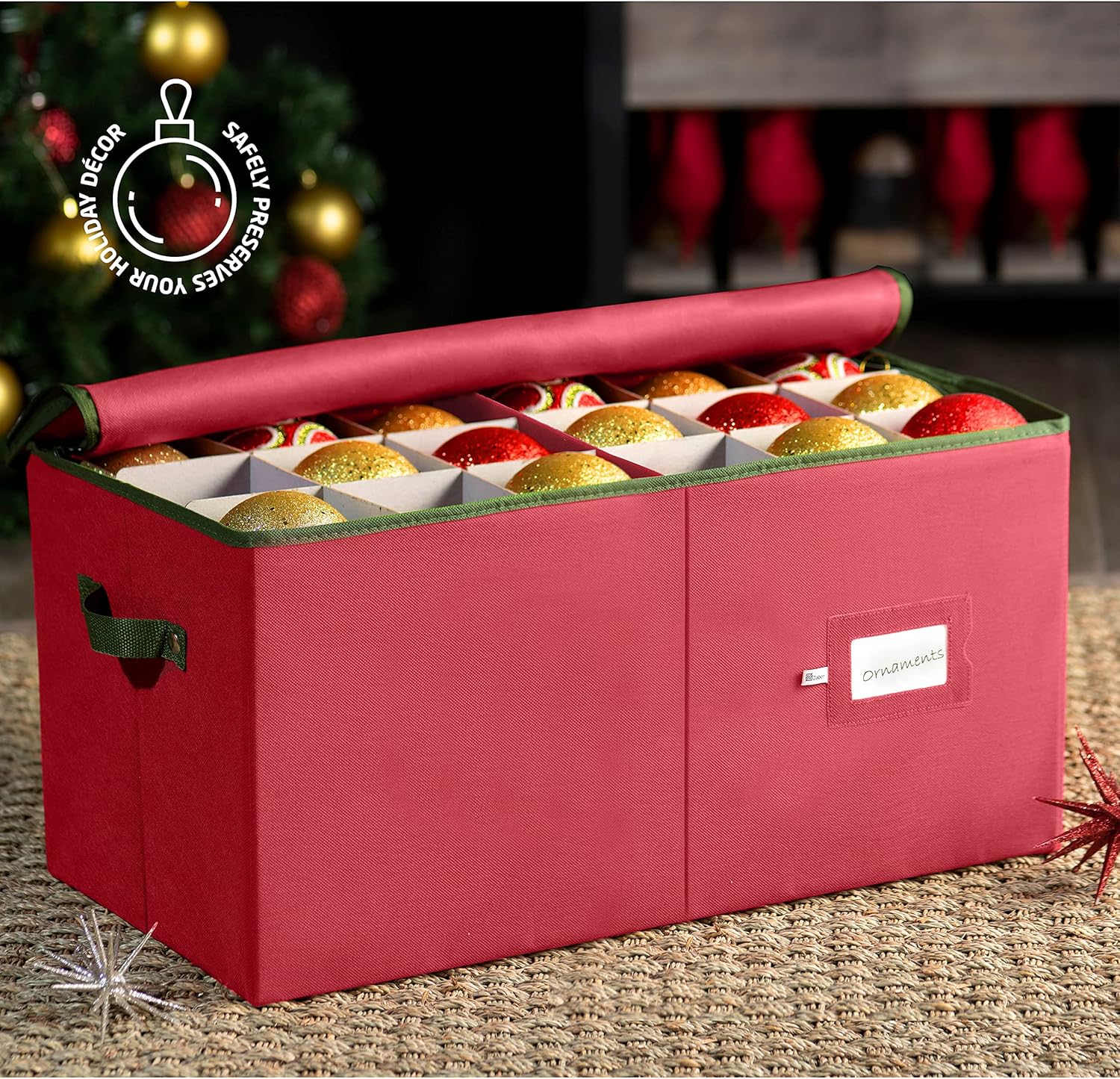 ZOBER Large Christmas Ornament Storage Box - Organize 54 4" Ornaments with Dividers - Durable Red Container