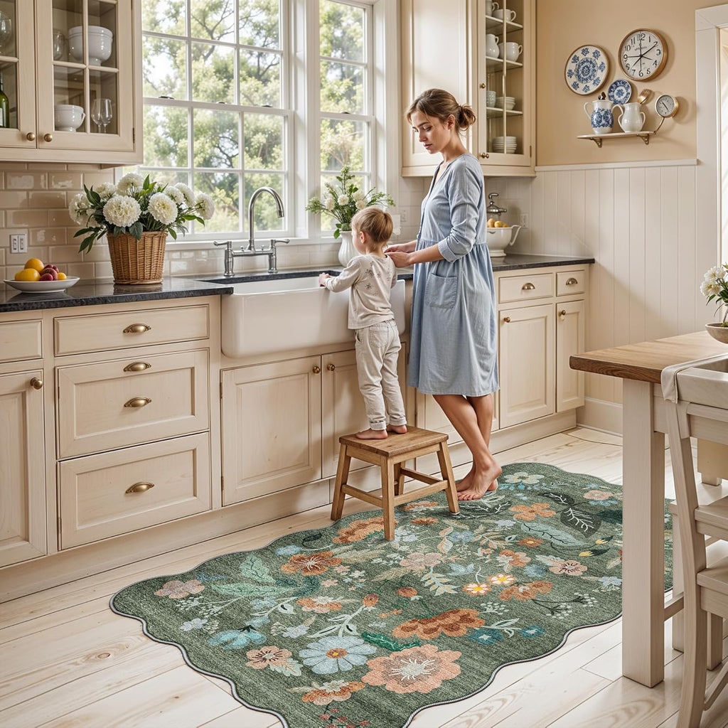 Skiennix Washable 3x5 Area Rug - Ultra Soft Low Pile Carpet with Non-Slip Backing | Floral Green Design