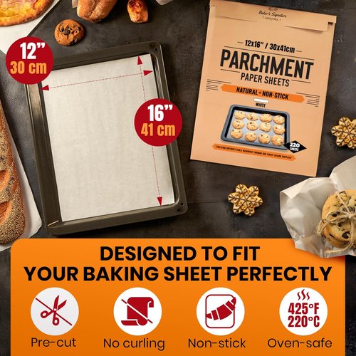 Baker's Signature Parchment Paper Sheets - 220 Heavy-Duty Precut Non-Stick Sheets | 12x16 In