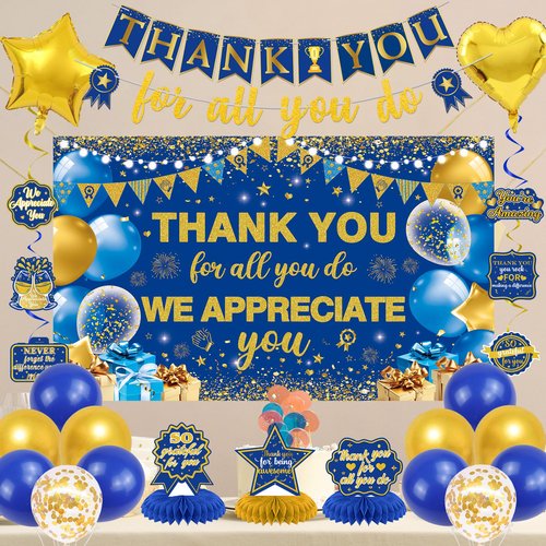 Vlipoeasn We Appreciate You Banner Decorations, Blue Gold Thank You for All You Do Backdrop Banner Honeycomb Centerpieces, Retirement Office Decor Staff Teachers Professors Doctor Nurses Appreciation