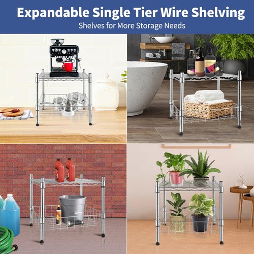 Simple Deluxe 2-Tier Shelving Unit, 15" W x 15" D x 13.8" H Wire Metal Storage Rack with Basket, Chrome