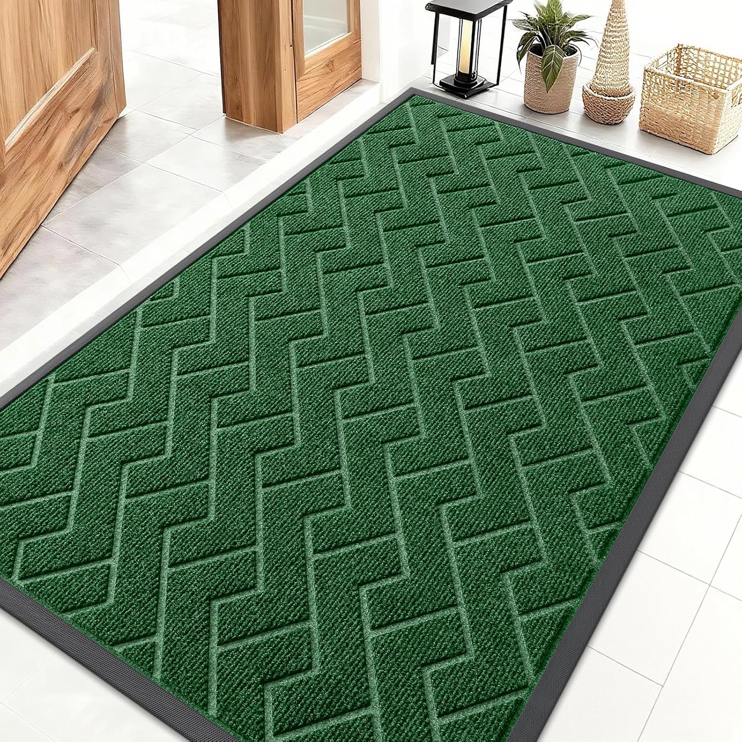 OLANLY Indoor Outdoor Front Door Mat - Waterproof All-Season Herringbone Design | Easy Clean, 47x32 Green