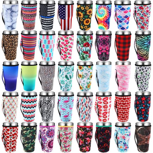 CHENGU 40 Pieces Reusable Iced Coffee Cup Sleeve With Handle - Neoprene Insulated Tumbler Cover for 30-32 oz Cold Hot Beverages