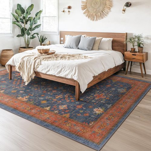 Large Area Rug by Navy Blue | Geometric Floral Design - Washable Low Pile Soft Carpet for Living Room & Dining Room