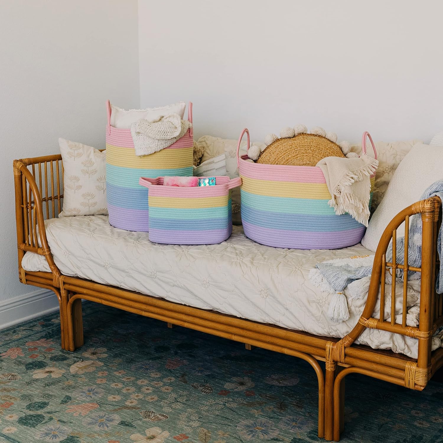 OrganiHaus Rainbow Blanket Basket - Extra Large Woven Laundry & Toy Storage Bin | 20"x13" Soft Round Design
