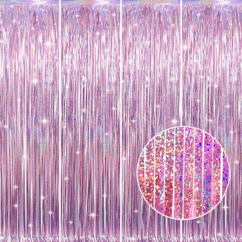 GOER Metallic Tinsel Foil Fringe Curtains - 3.2 ft x 8.2 ft | Perfect for Birthday, Graduation & Wedding Decor (4 Packs, Laser Pink)