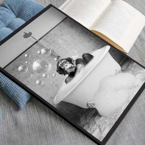 Chimpanzee Art by Framed | Fun Black and White Bathroom Canvas | Retro Animal Decor 8x10 Inches