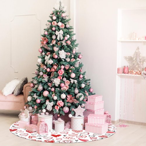 Valentine's Day Tree Skirt 48 Inch Red Love Heart Xmas Tree Skirt Indoor Outdoor Valentines Decorations Romantic Christmas Tree Mat for Home Party Holiday Decor