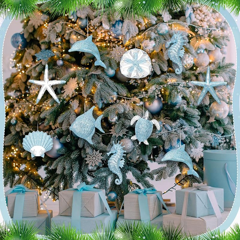 16 Pack Beach Christmas Ornaments – Acrylic Starfish, Shells & Sea Life Hanging Decor