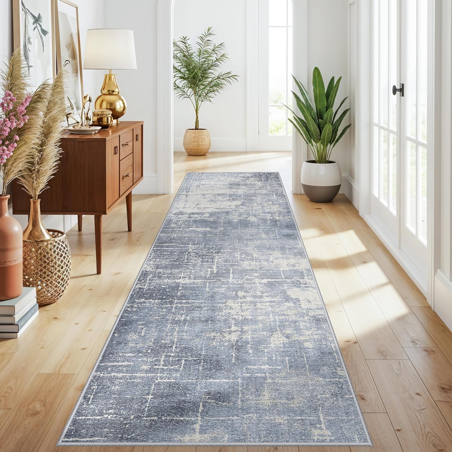 Skiennix Abstract 3x10 Kitchen Rug Runner - Washable Non-Slip Soft Indoor Carpet | Blue/Ivory Design for Living Room & Hallway