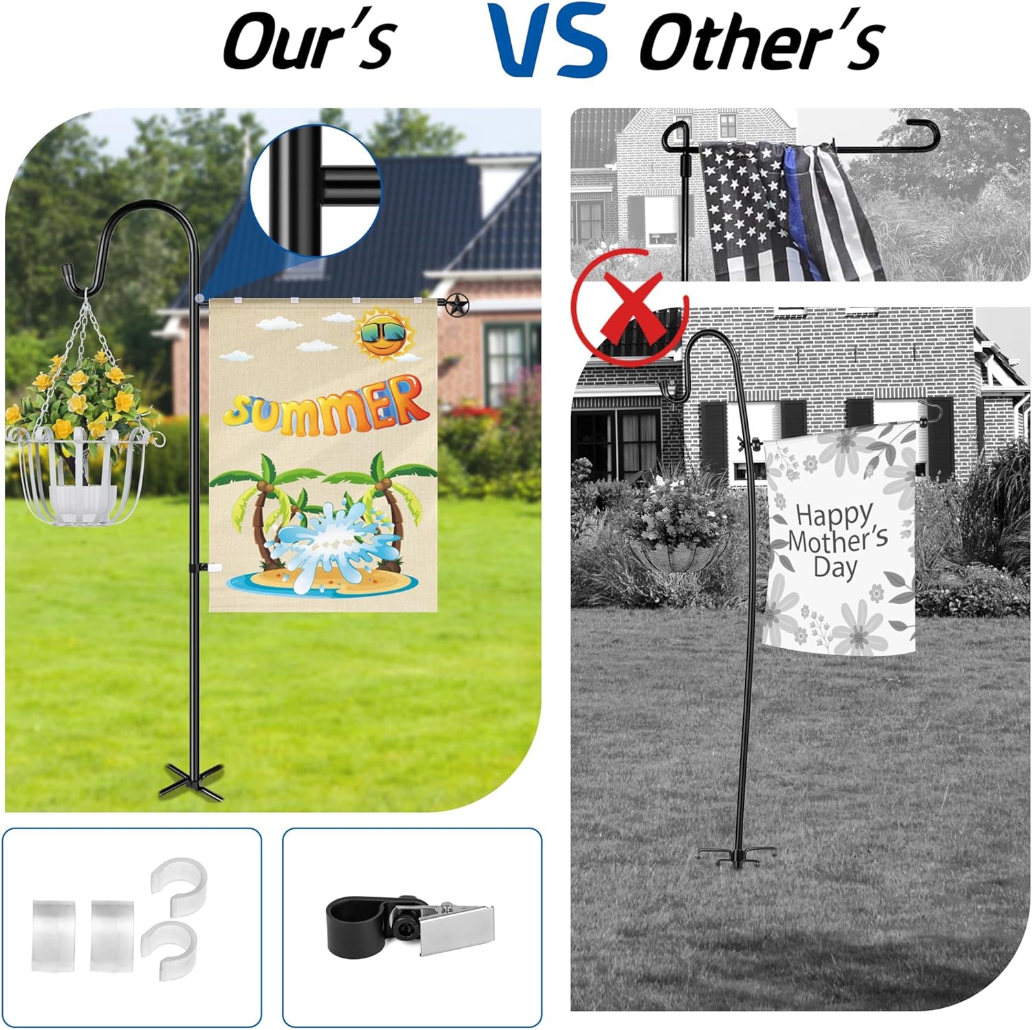 Ottsuls Heavy Duty Garden Flag Stand - 60 Inch Sturdy Shepherd Hook for 28"x40" Flags