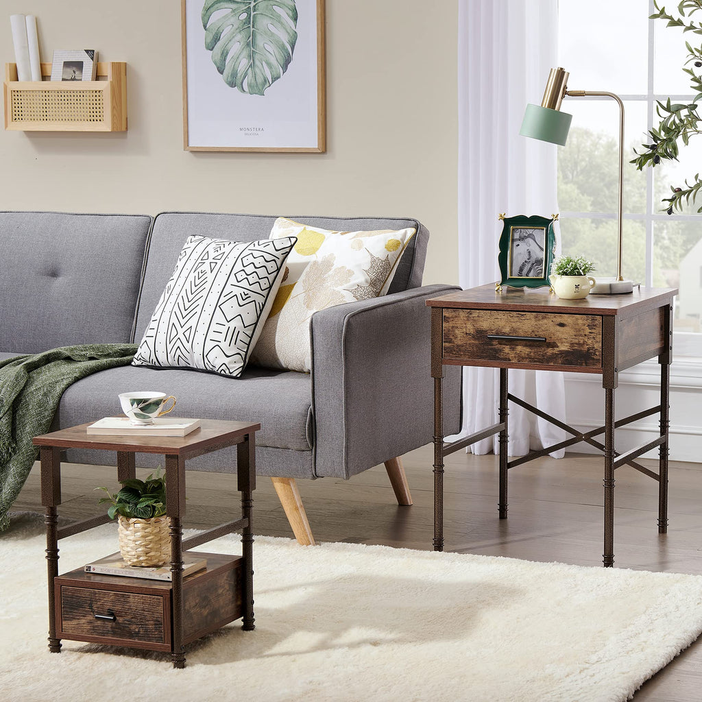 VECELO Vintage Nightstand Set of 2, End/Side Table with Storage Drawer, Stable Frame, BrownG