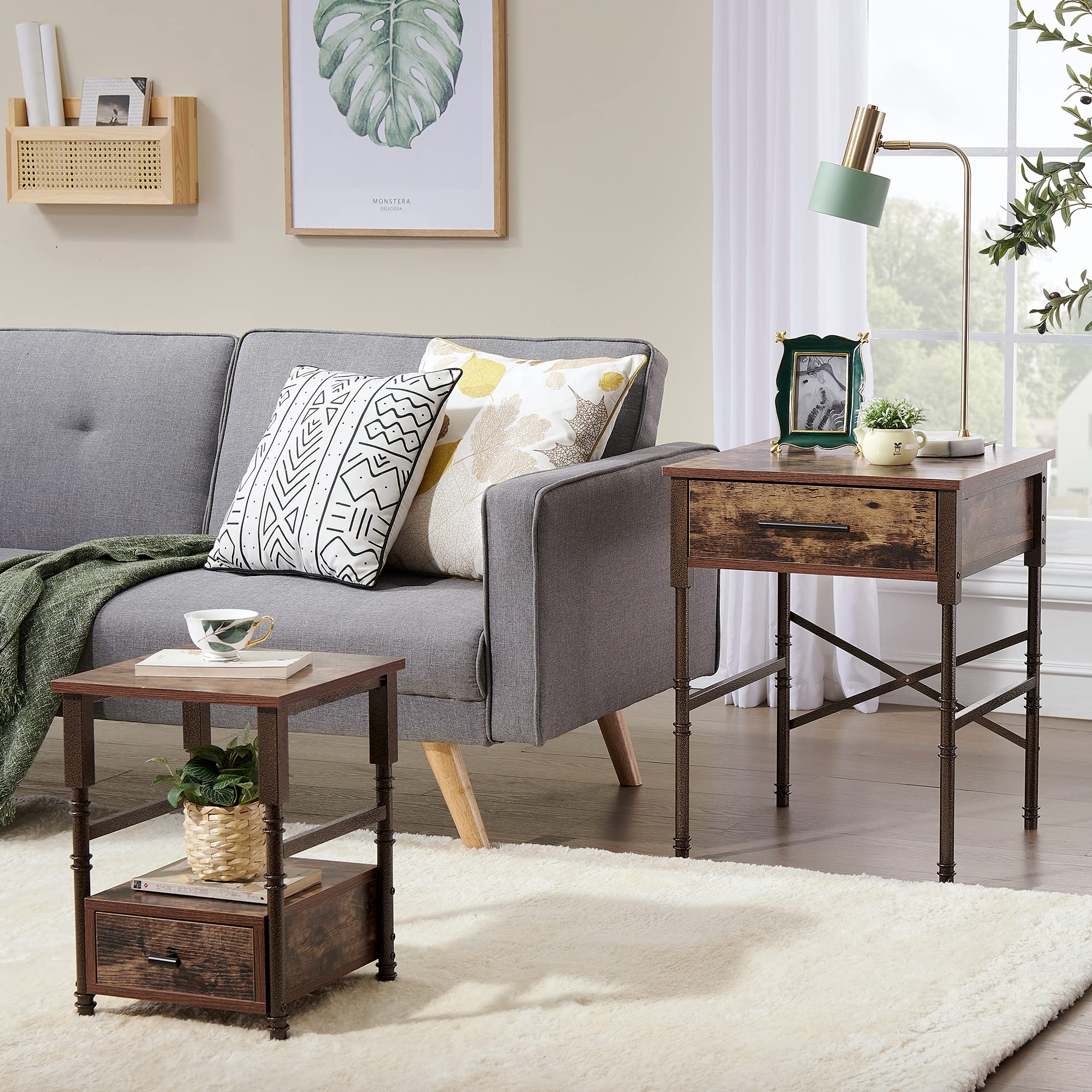VECELO Vintage Nightstand Set of 2, End/Side Table with Storage Drawer, Stable Frame, BrownG