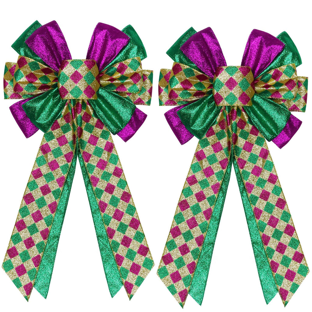 2 Pcs Mardi Gras Bows for Wreaths Decorations,12”x20” Large Glitter Tree Topper Bow Decor for Holiday Party Wall Home Front Door Float Golf Cart Gold Green Purple